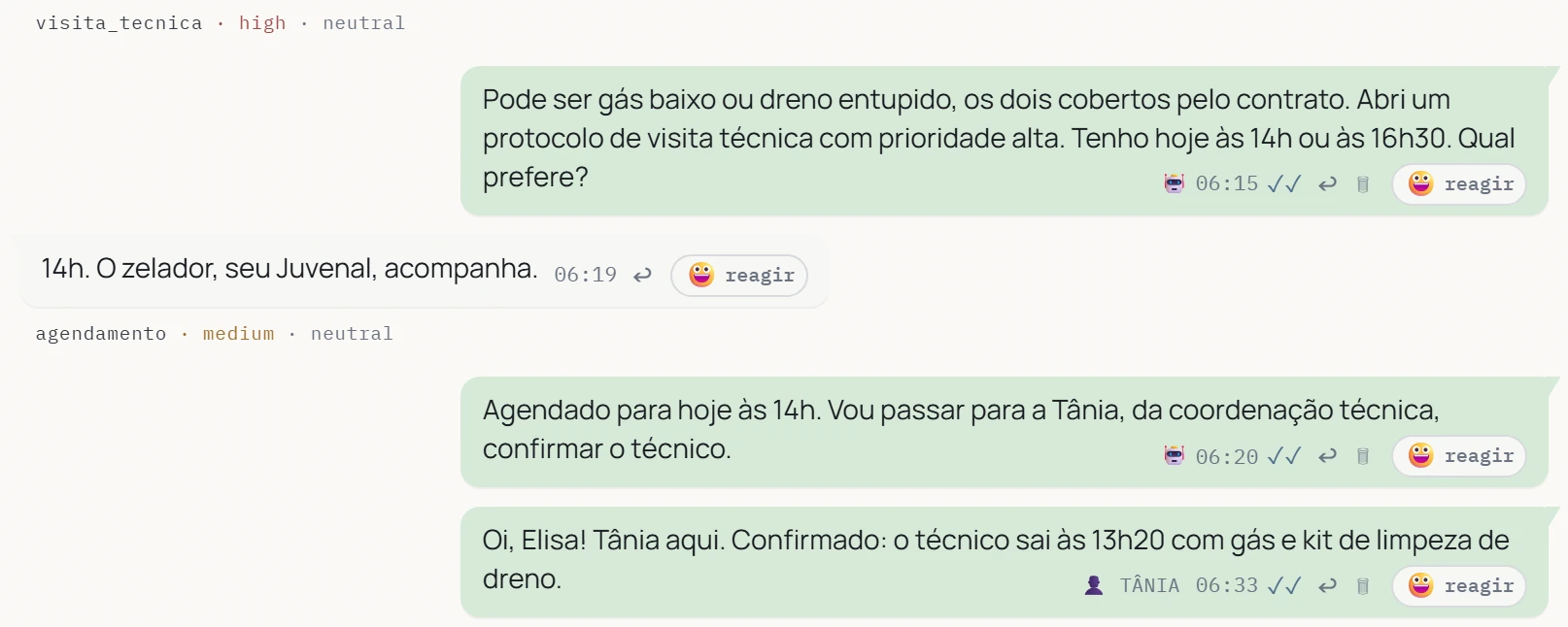 A IA responde a cliente no WhatsApp e passa a conversa para uma atendente.